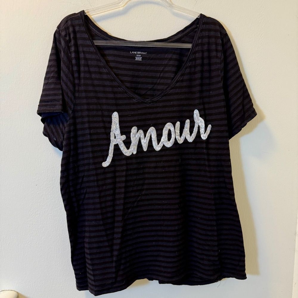 Lane Bryant Black Striped “Amour” T-Shirt Women’s Plus Size 22/24